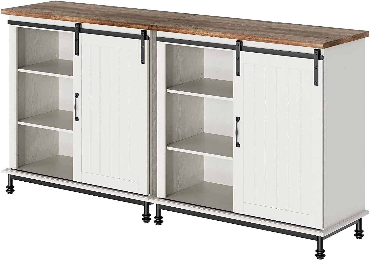 2-in-1 Piece Farmhouse Sliding Barn Door Accent Cabinet Kitchen Storage Shelf, Rustic White