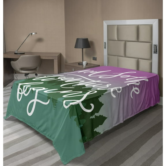 Ambesonne Saying Flat Sheet, Woodland with a Violet Sky, Twin Size, Green Violet White