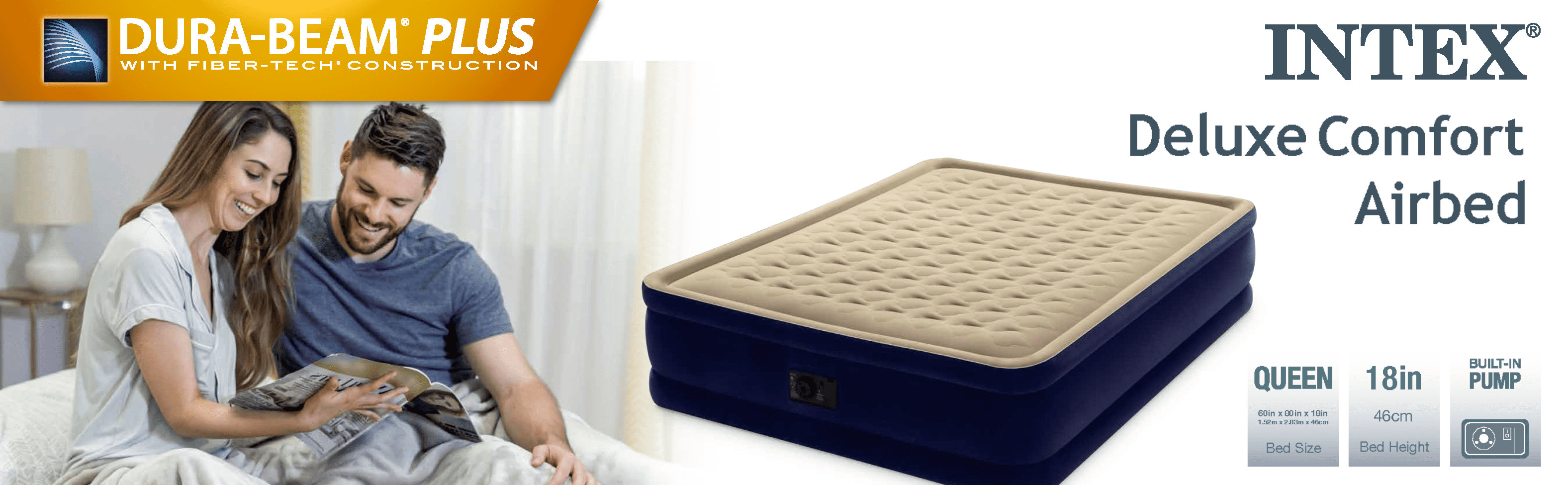 Intex Dura-Beam 18 in Waterproof Air Mattress, with Built-in Pump, Queen