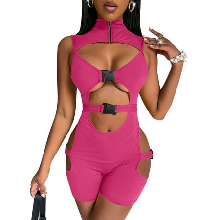 Suity Women s High Neck Bodysuit  Sleeveless Buckle Cutout Front Slim Short Jumpsuit Party Club Rompers