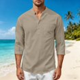 thumbnail image 6 of Awwp Men's Linen Cotton Shirt 3/4 Sleeve Stand Collar Casual Button down Shirts with Pocket Breathable Summer Shirts 8 Colors Available Vacation Beach Shirt Khaki Size: L, 6 of 9