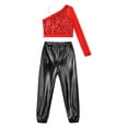 thumbnail image 4 of TiaoBug Kids Girls Sequins Hip Hop Jazz Ballet Dance Outfits One Shoulder Long Sleeve Crop Top with Metallic Pants Set Red&Black 6, 4 of 5