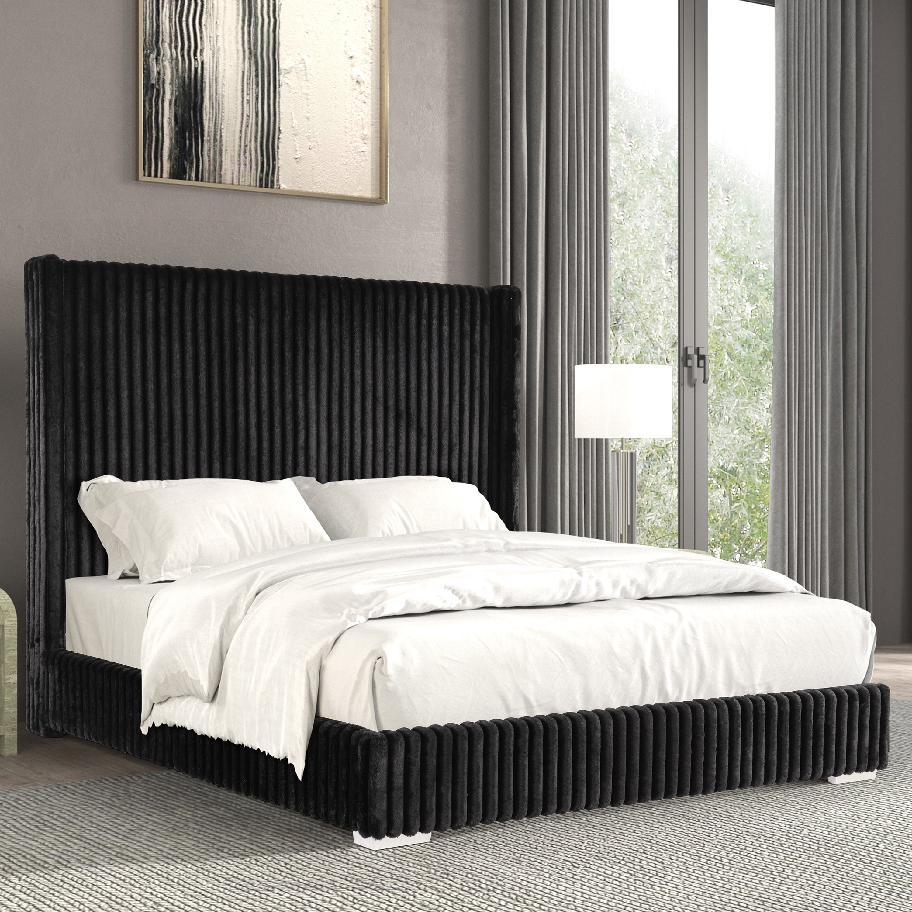 Furniture of America Cafein Kids Twin Extra Tall Tufted Fabric Wingback Mattress Ready Bed, Black