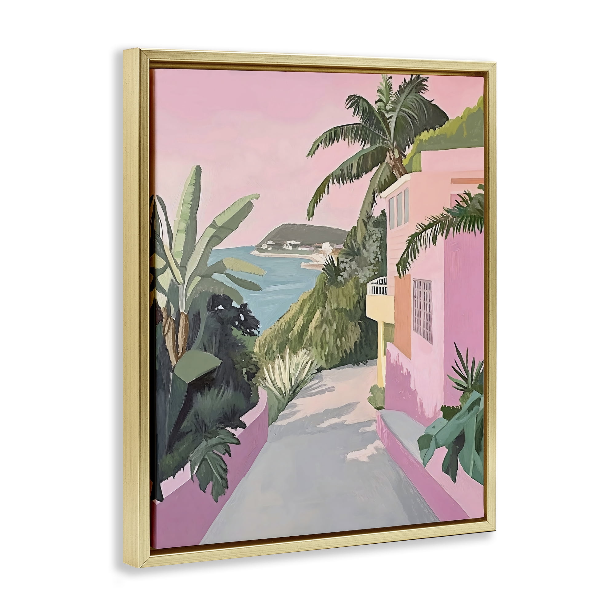 Stupell Industries Mediterranean Pink Coastal House Gold Framed Floater Canvas Wall Art, design by The Prints Vibe
