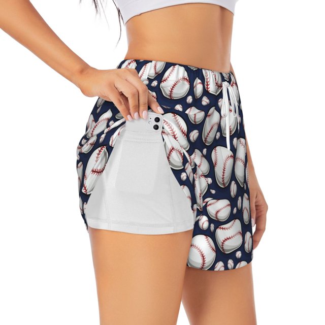 Balery Cute Basebal Pantalones cortos deportivos para mujer con forro y dos bolsillos, elásticos, para entrenamiento, gimnasio, yoga-Large