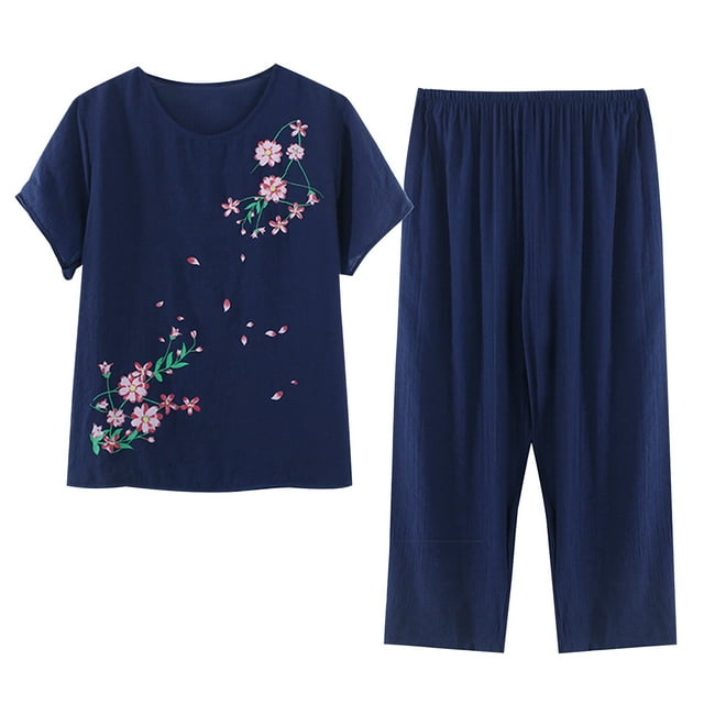 Mrat Ensemble de Survêtement Deux Pièces pour Femmes Pyjama Manches Courtes Col Rond Haut/chemise Ensemble Coton Soie Grande Taille Confortable Respirant Cardigan Bouton Poche P-115 Marine 3TG