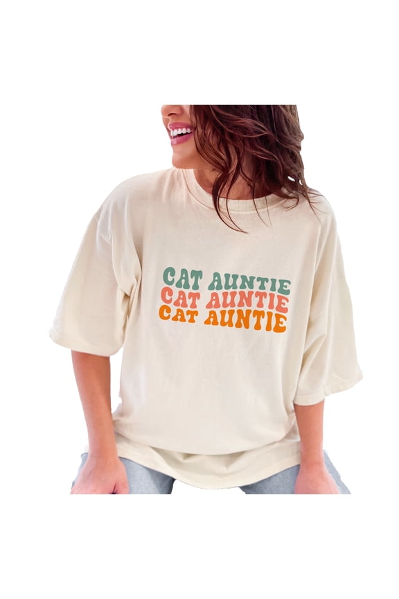 Cat Auntie, Name for an Aunt of Cats, Groovy Retro Wavy Text, Ivory Comfort Colors T-Shirt, Small