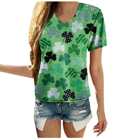 

JWZUY Women s Scrubs Tops St. Patrick s Day Print Workwear Nursing Shirts V-Neck Short Sleeve TShirt Nurse Working Uniform with 2 Pockets Blouses Pullover Shirts T-Shirts Tee Shirt (Green#03 S)