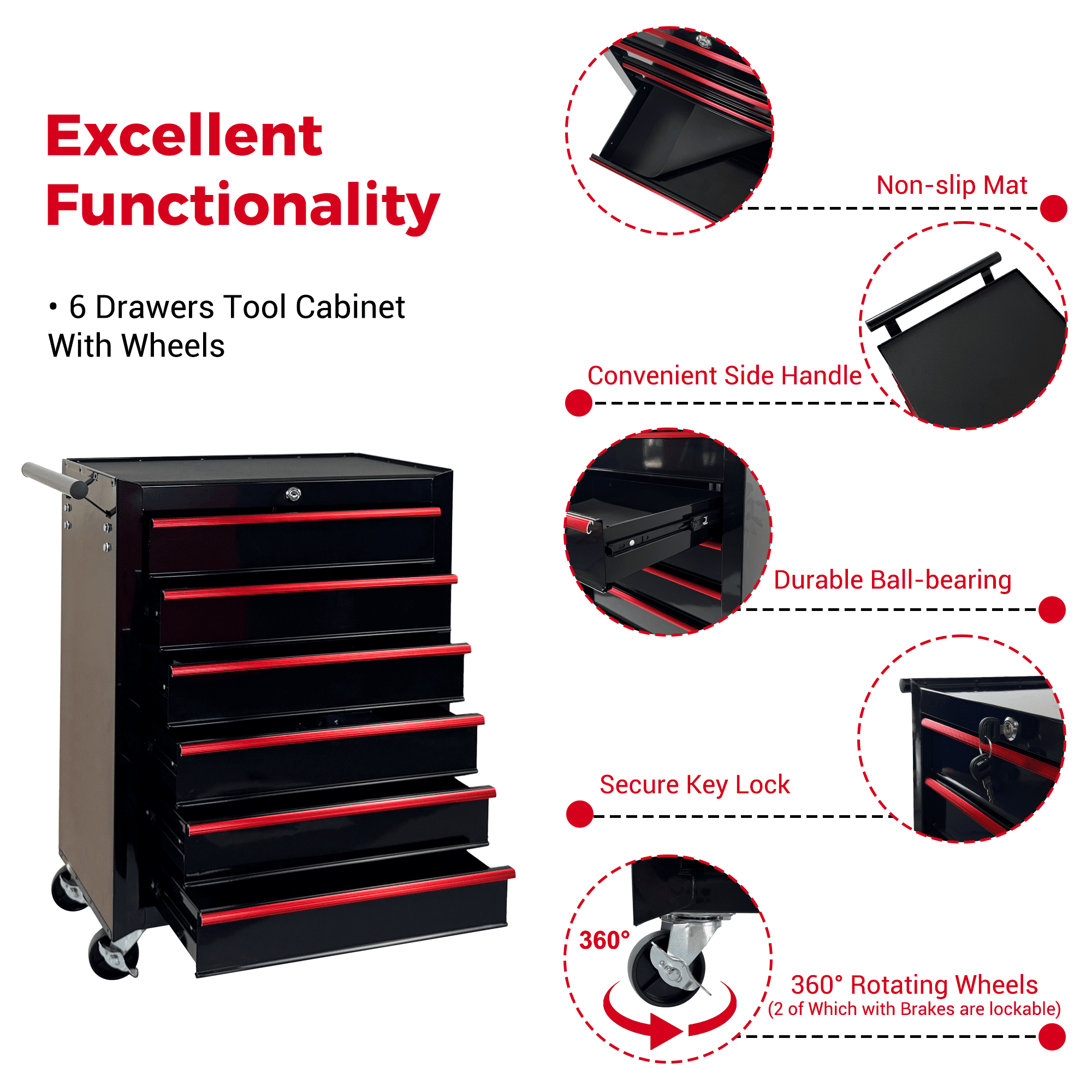 Rolling 20-Inch Metal Tool Chest with 6 Drawers and Ball Bearing Slides, Steel Tool Cabinet for Garage and Workshop, Black