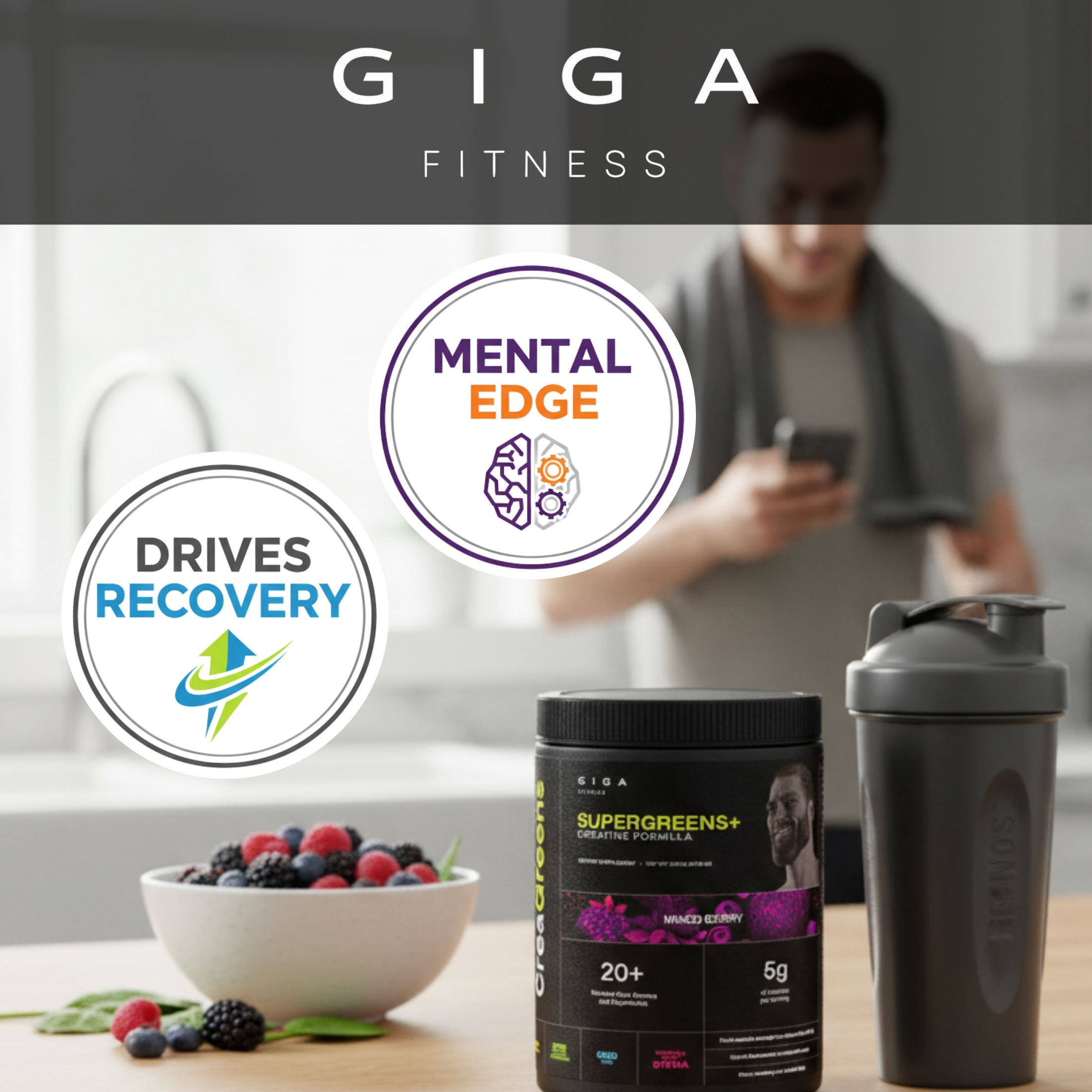 Giga Fitness CreaGreens, Creatine Monohydrate + Superfood Greens Powder, Mixed Berry, 35 Servings