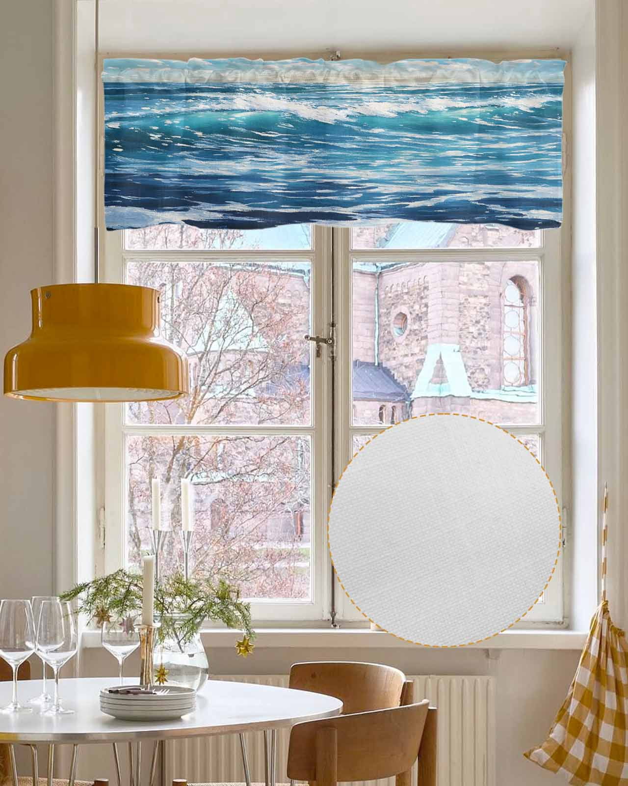 Blue Coastal Kitchen Valances for Windows Farmhouse Linen Window Valance Curtain for Living Room Window Treatment Ocean Sea Nautical Summer Beach Valance Rod Pocket Topper Drape, 54 x 18 Inch