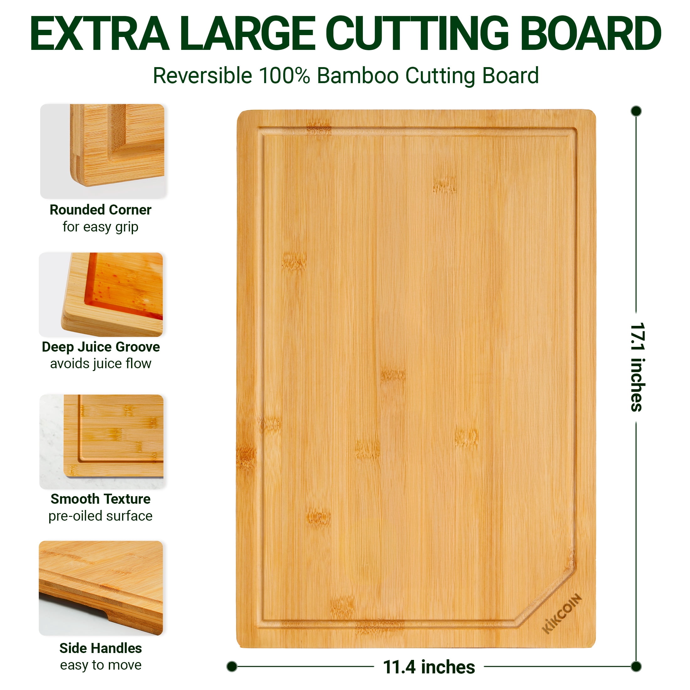 Kikcoin Bamboo Cutting Boards for Kitchen, with Deep Juice Groove and Inner Handle, 17.1" x 11.4"