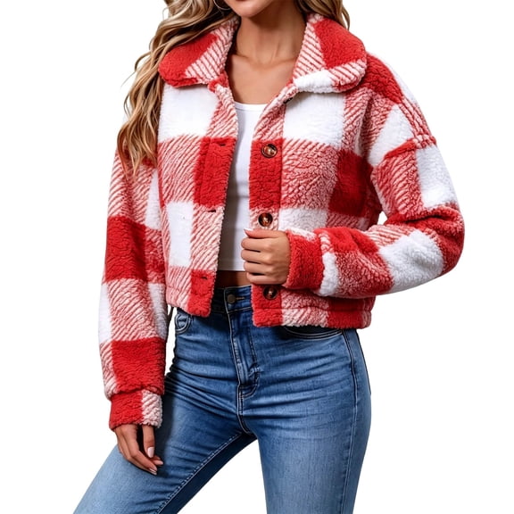 Cmtiyu Plaid Fleece Jacket Women, Long Sleeve Lapel Button Down Cropped Jacket, Casual Fall Winter Outerwear Coats, Red S-2XL