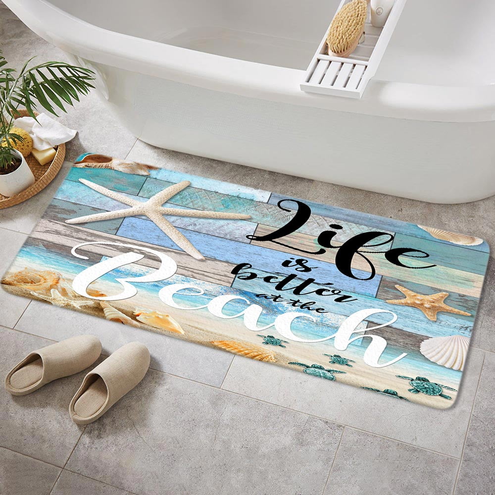 Beach Starfish Bath Rugs, Sea Shell Ocean Bathroom Rug Mat,Washable Cover Floor Rug Carpets Floor Bath Mat Bathroom Decorations, Starfish Beach Bathroom Door Mat Rug Kitchen Rug(17"X48"Inch)