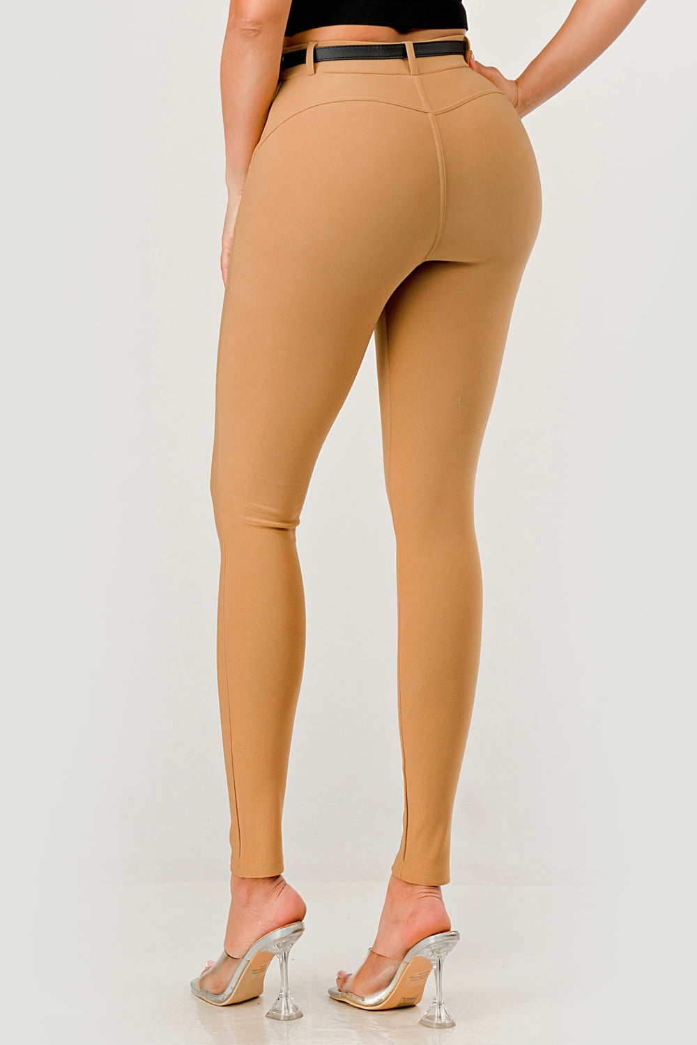 Sculpting Treggings With Faux Leather Belt - Chipmunk