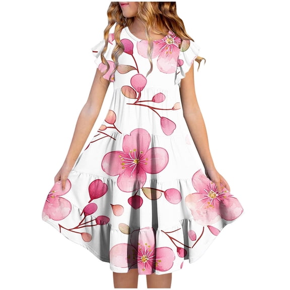 hengsof Girls Floral Short Sleeve Dress Cute Flowing Sleeves Round Neck Neck Waist Layered Dress Ages 4 to 15 Cute Summer Casual Dress for Kids with Pockets
