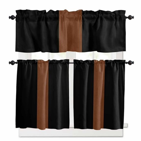 Black Brown Kitchen Curtains and Valances Set, 3 Piece Kitchen Curtains Set 24 Inch Length, Contemporary Boho Modern Art Rod Pocket Curtains Tier Farmhouse Window Curtains