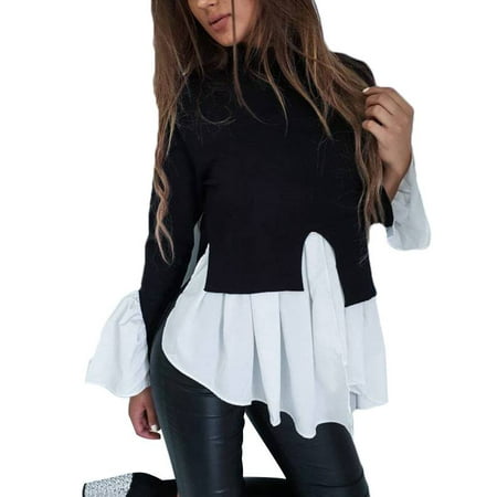 Ruffle Neck Wrap - JustVH Women's Mock Neck Long Bell Sleeve Ruffle Blouse Flare Peplum Top