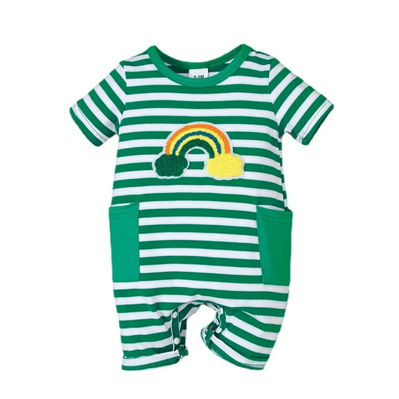 Virmaxy Toddler Boys Girls Cute Graphic Pajamas Overalls 3-18 Months Baby Short Sleeve Striped Rainbows Plain Boys Girls Short Sleeve Bodysuit Green Striped Rainbows Crawling Suit Green