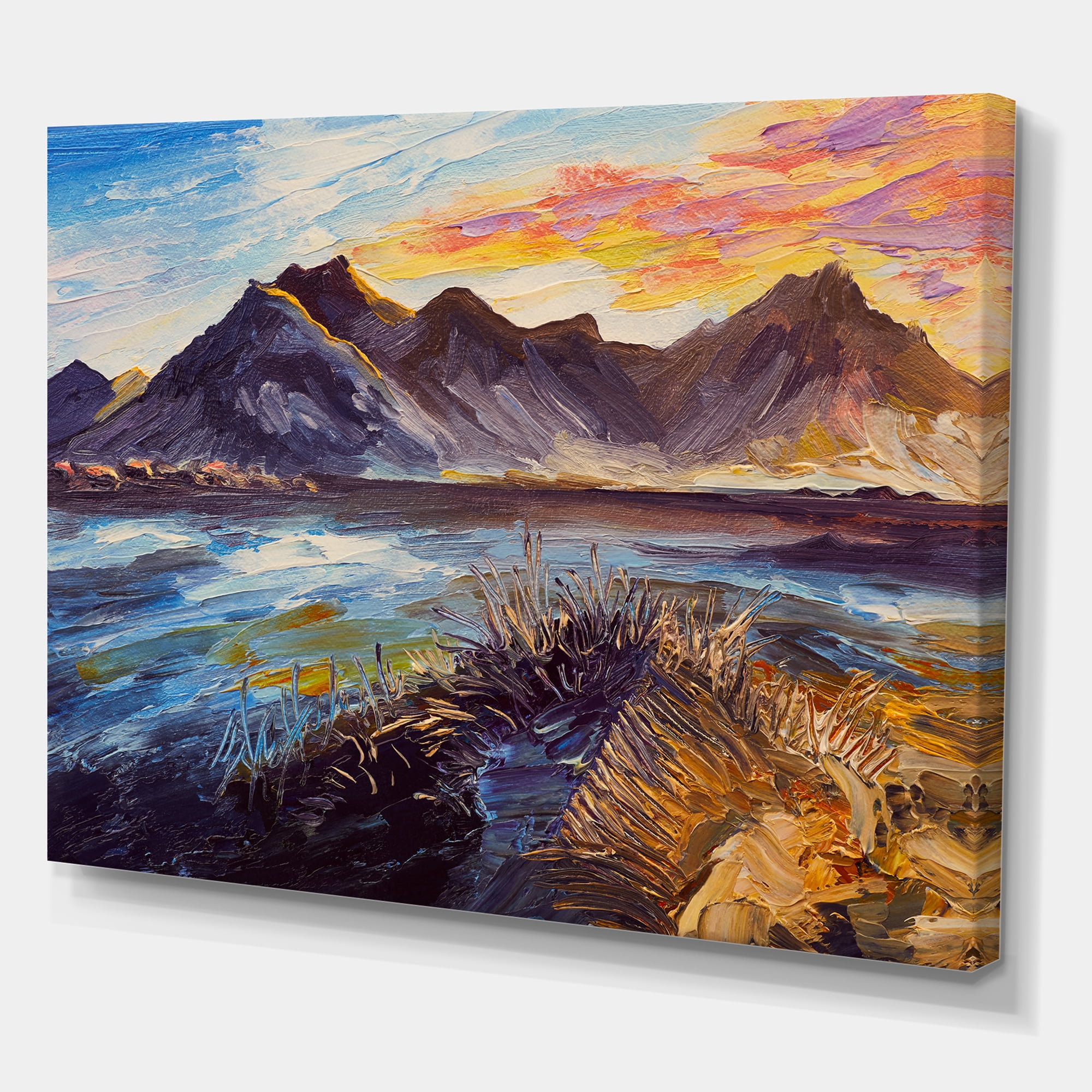 Designart ' Impression Pink Sunset Over The Mountains By The Sea ' Nautical & Coastal Canvas Wall Art Print