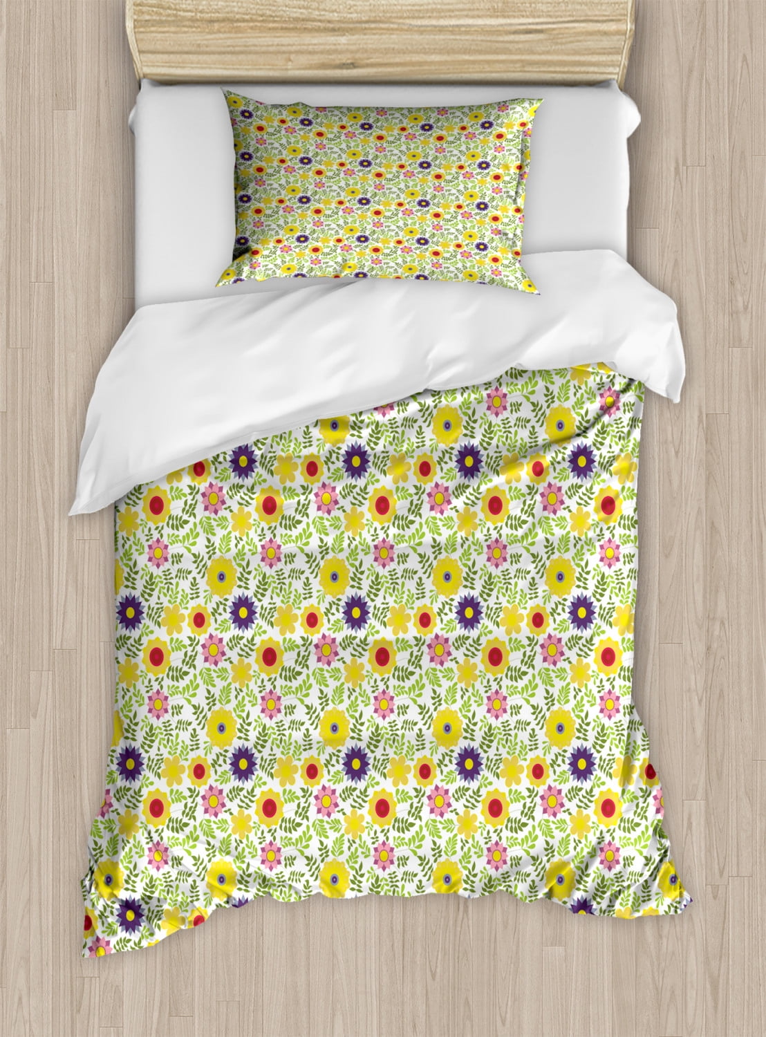 Spring Duvet Cover Set, Blooming Seasonal Flowers Lively Meadow Plants
