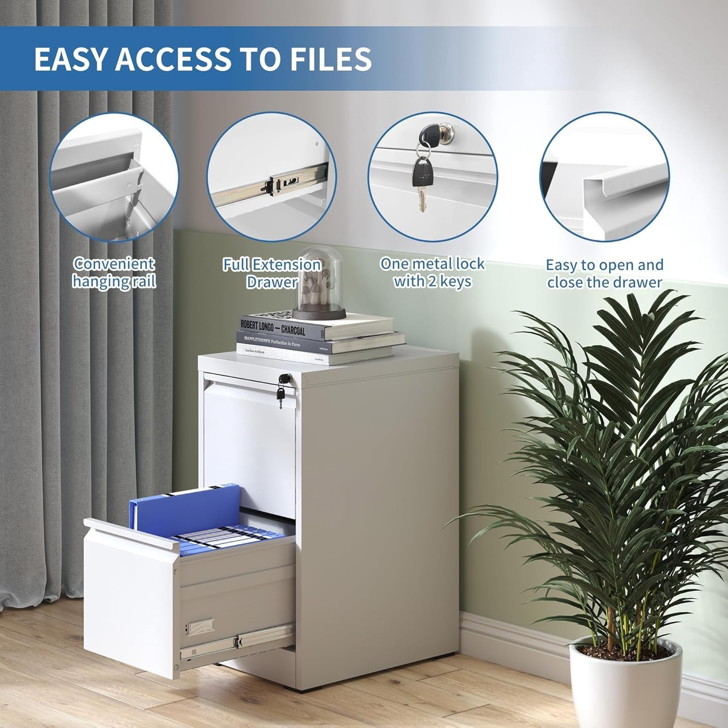 BIZOEIRON 2 Drawer Metal File Cabinet with Lock, Vertical Filing Cabinet for Hanging Legal/Letter Size Files, White