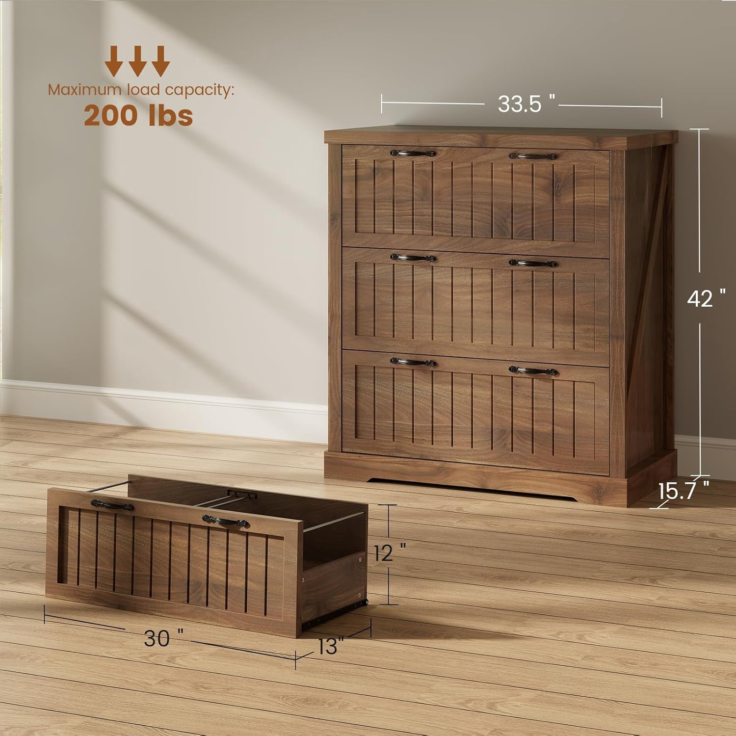 3 Drawer File Cabinet, Farmhouse Filing Cabinet Fits Letter/Legal/A4 Size, Wood File Cabinet with Printer Stand for Home Office, Retro Style for Living Room, Brown