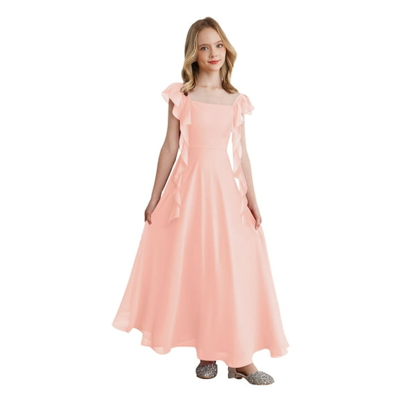 Moggemol Kid Girl Chiffon Wedding Birthday Party Dress Square Neck Junior Bridesmaid Dress Orange Pink 8