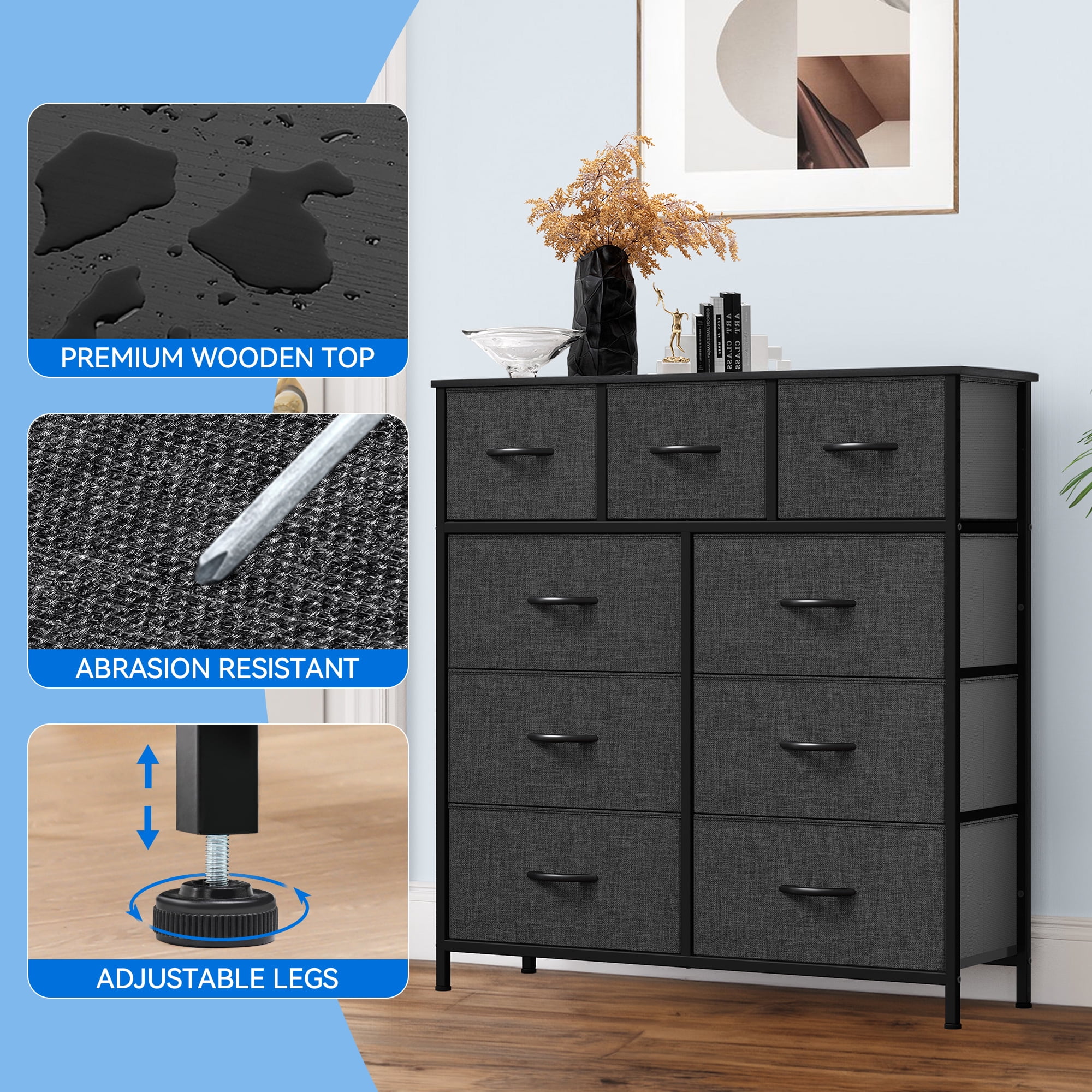 Uforic 9 Drawer Fabric Storage Dresser with Steel Frame for , Living Areas, Hallways, Closets, and Offices, Black Gray