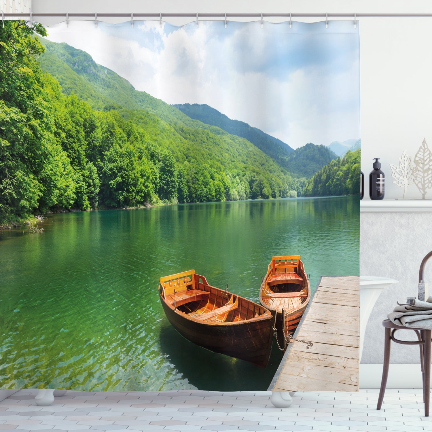 Ambesonne Nature Shower Curtain, Boats Lake Forest Serene, 69"Wx84"L