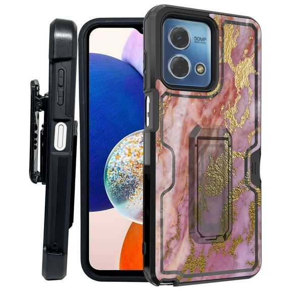 ANJ  Rugged Shockproof Kickstand Hybrid Case with Card Slot and Holster   Tempered Glass Cover for Motorola Moto G Stylus 5G (2023) - Red/Gold Marbling