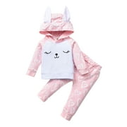One opening Newborn Baby Girl Winter Warm Clothes Bunny Ear Hooded Sweatshirt Top Pants Easter Outfit Set Tracksuit