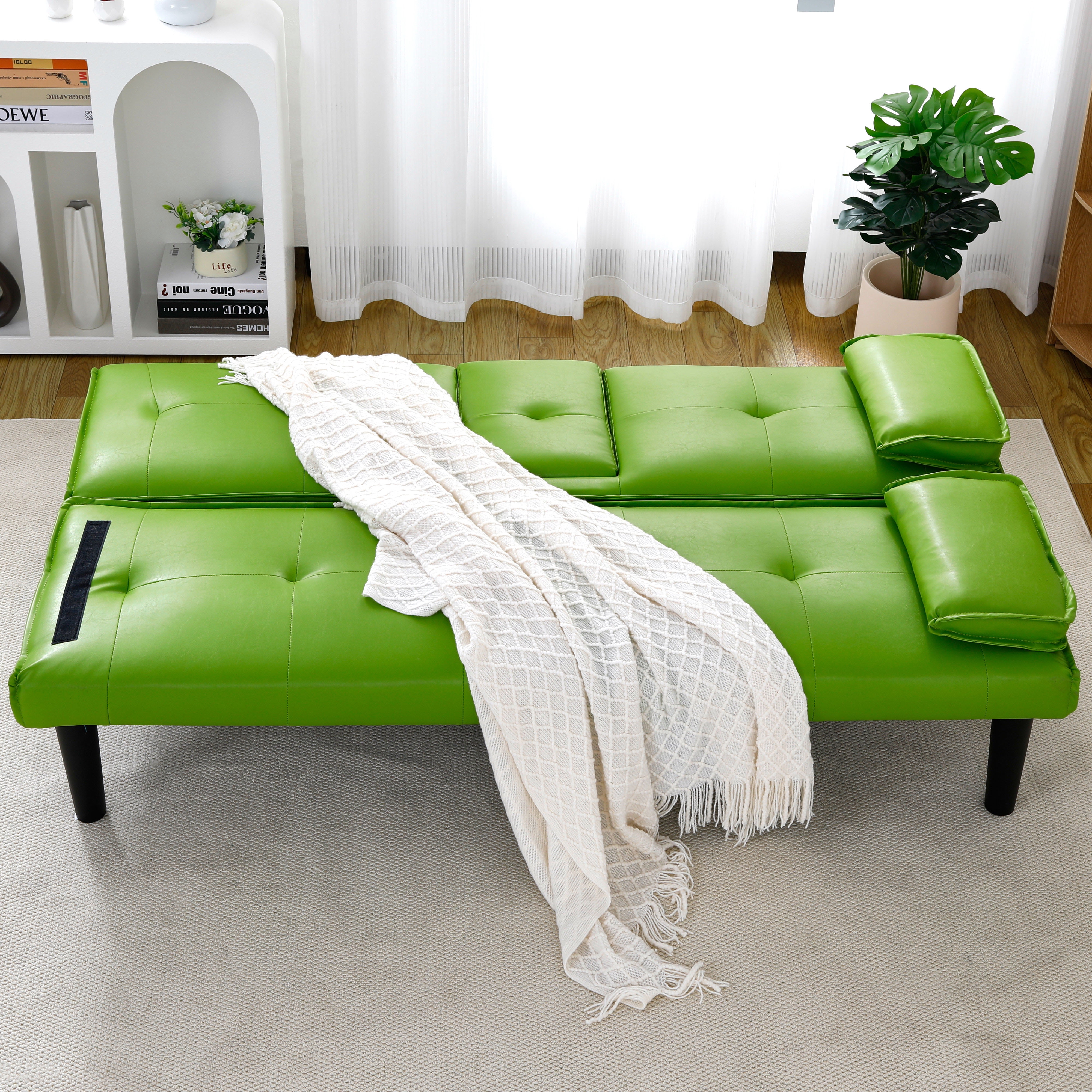 67 inch Futon Sofa Bed Faux Leather Couch Modern Convertible Folding Recliner with 2 Cup Holders for Living Room,Bedroom,Green
