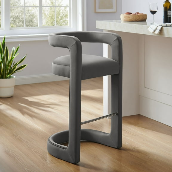 Modway Winslow 30.5"H Performance Velvet Barrel Back Bar Stool in Storm Gray