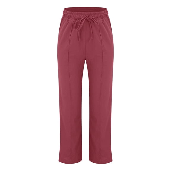 Casual Pants for Women trendy Elastic Waist Straight Wide Leg Cotton Linen Style Casual Trousers with Pockets