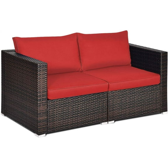 2 Seat Outdoor Wicker Loveseat Sofa Set, Modular PE Rattan 2 Pieces Outdoor Wicker Corner Sofa, Outside Furniture Set for Deck, Backyard, Porch, Garden & Poolside, Red