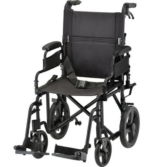 NOVA Medical Products Lightweight Transport Chair with 12" Rear Wheels, Locking Hand Brakes, Flip Up Desk Arms Black