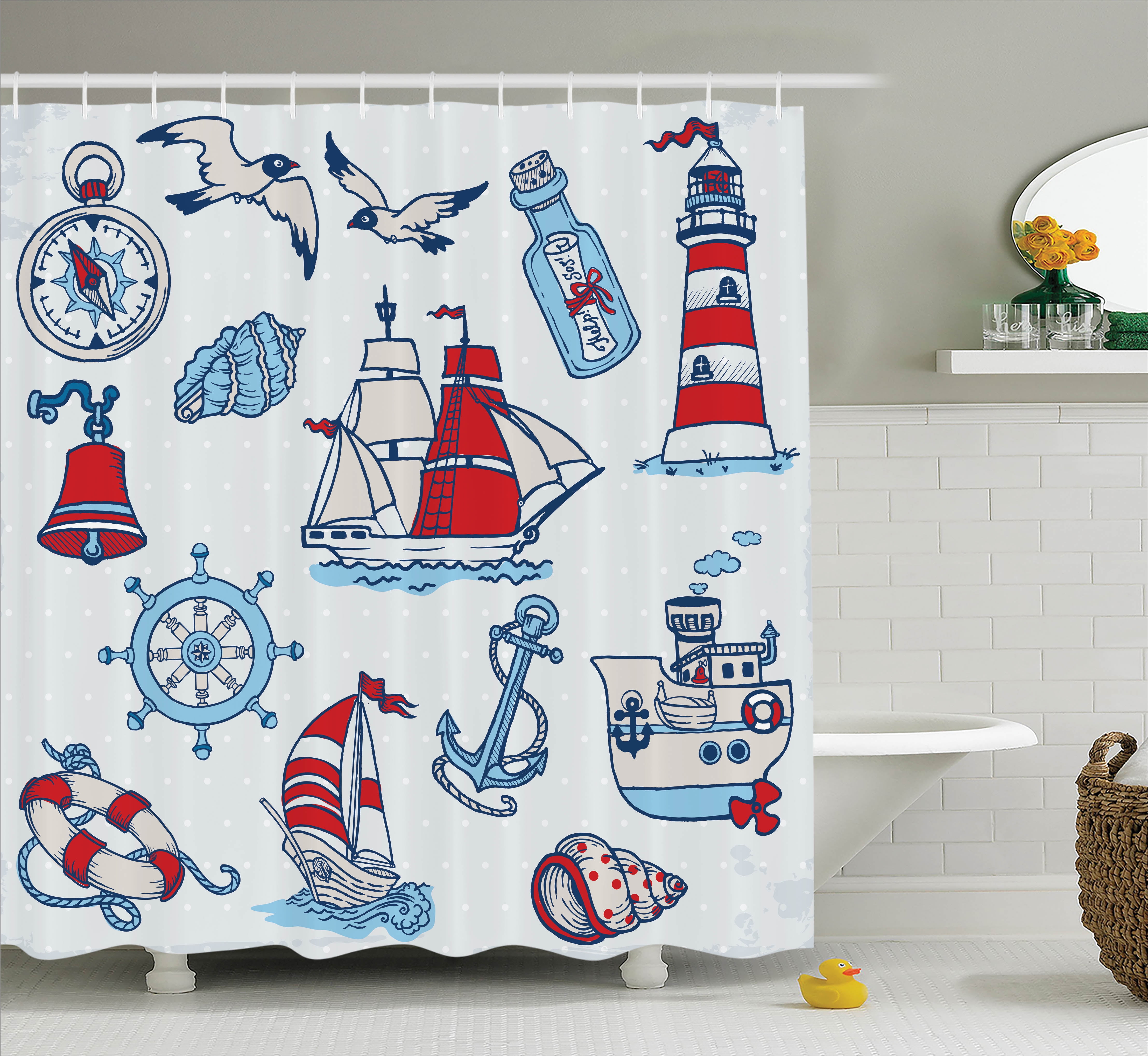 Nautical Shower Curtain, Symbolic Sea Creatures Navigation Gulls Compass Kids Holiday Shell