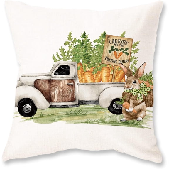 Easter Throw Pillow Cover 20x20 Inch Spring Farmhouse Bunny Truck Carrots Rabbit Decor Spring Outdoor Decorative Throw Cushion Case for Sofa Couch Home Bed