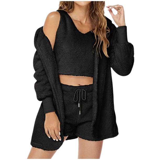 Conjunto de pijama de 3 piezas para mujer: abrigo con capucha de franela, chaleco y pantalones cortos, ropa de dormir suave y cálida, tallas S-XXXL, ropa de estar por casa para invierno