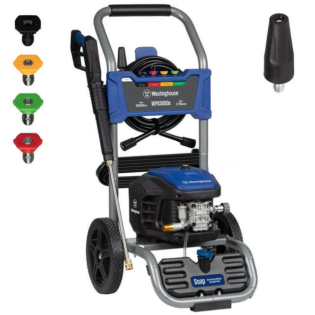 Hidrolavadora eléctrica Westinghouse WPX3000e, 3000 PSI máx. y 1,76 GPM máx., motor de inducción, depósito de jabón integrado, pistola rociadora y varilla, juego de 5 boquillas, para coches, cercas, e