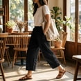 thumbnail image 6 of Josdec Women's Plus Size Casual Cropped Pants Wide Leg Barrel Elastic Drawstring High Waist Capri Trousers with Pockets for Summer Spring Fall, 6 of 9