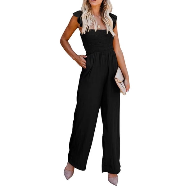VISgogo Mono de pierna ancha de verano para mujer, mono de manga voladora de color sólido con cuello cuadrado fruncido VISgogo moda