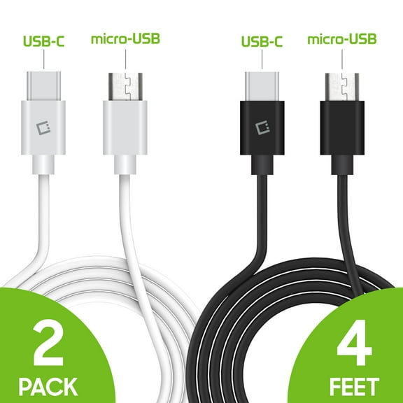 Cellet USB-C to Micro-USB; 2-Pack 1-Black & 1-White Reversible Type-C Cable
