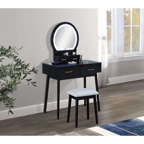 Pinovk 3pc Vanity Table and Stool Set Built-in Led-lit Mirror Matching Cushioned Stool Gold-accented Handles Wooden Home Furniture Black