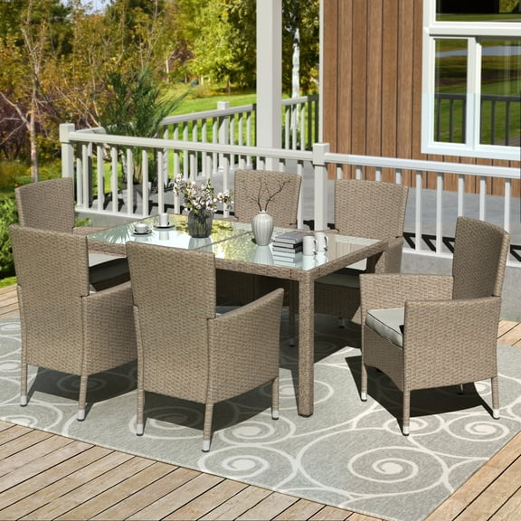 Leadzm Outdoor Wicker Dining Set 7 Piece Patio Dinning Table Wicker Furniture Seating