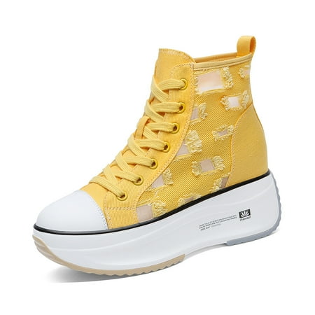 

Women‘s Ripped Detailed Sneakers Round Toe Hidden Wedge Canvas Shoes Platform High Top Sneakers