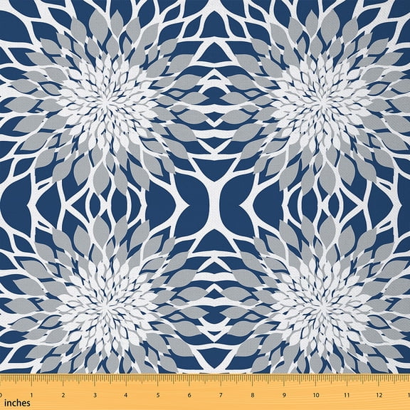 Homewish Vintage Flower Floral Fabric by the Yard 1 Yard,Retro Aztec Dahlia Home Decor Fabric by the Yard,Gray Blue Sewing Fabric For Adults,Ultra Soft Home Decor
