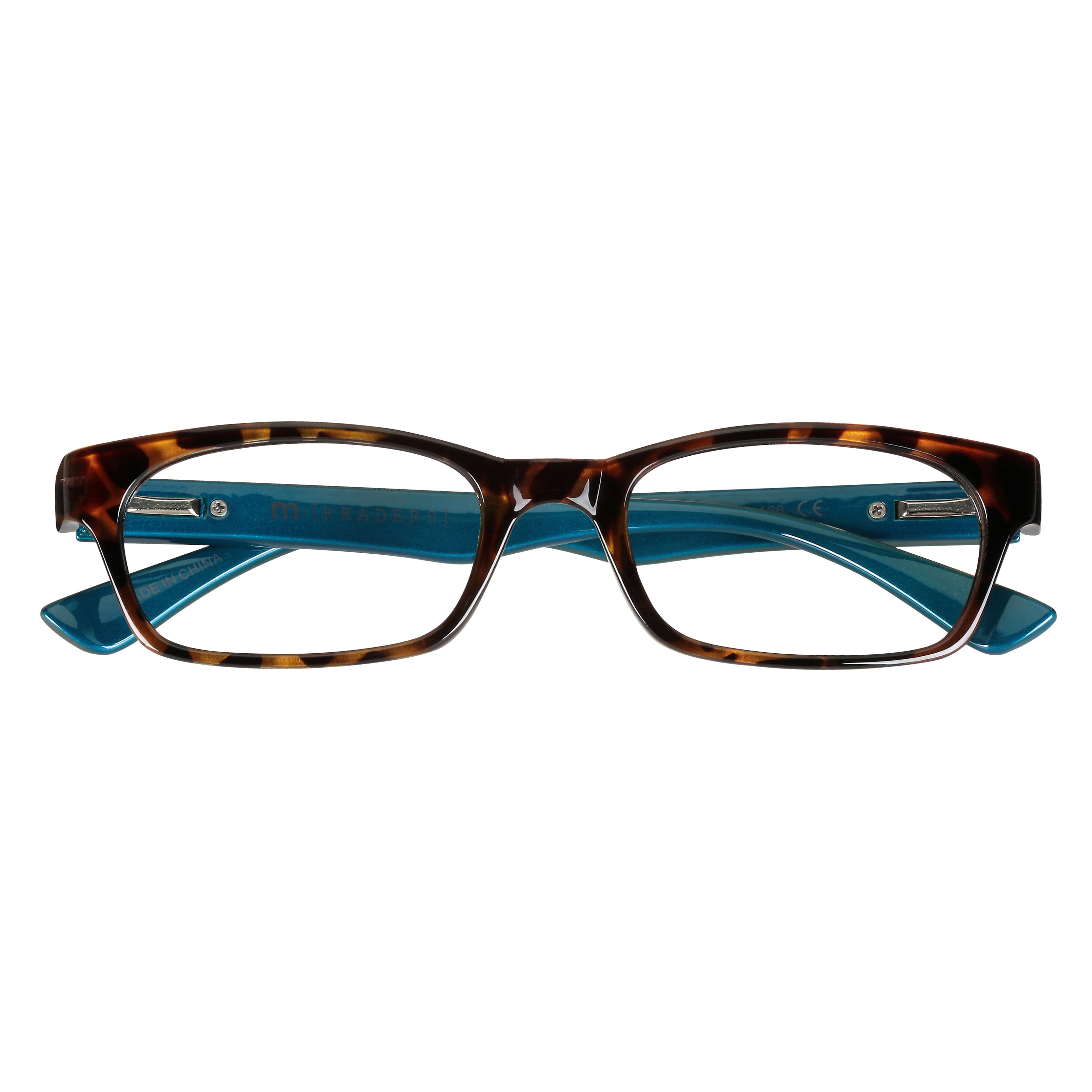 (2 pack) M+ Womens Rectangular Plastic Reading Glasses 1.75 Colleen in Tortoise with Teal Inner Color