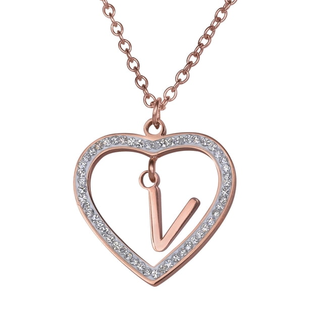 collar de mujer corazón con inciales luckyly, modelo adina rosa unitalla, cadena 45 cm (más 5 cm) con baño oro rosa 18k, dije de corazón 2x2 cm rodeado de zirconias y dije inicial colgante 0.9x0.6 cm (letra V).